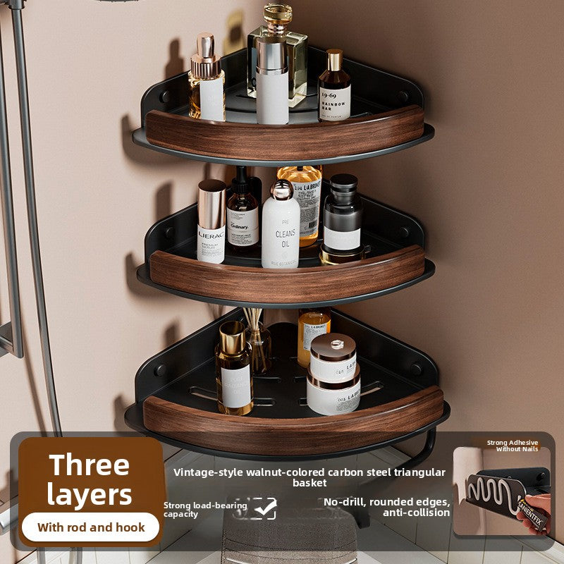 Black Walnut Wood No Drilling Shelves for Bathroom Storage & Home Decor| Bathroom Corner Storage Rack Shower Organizer