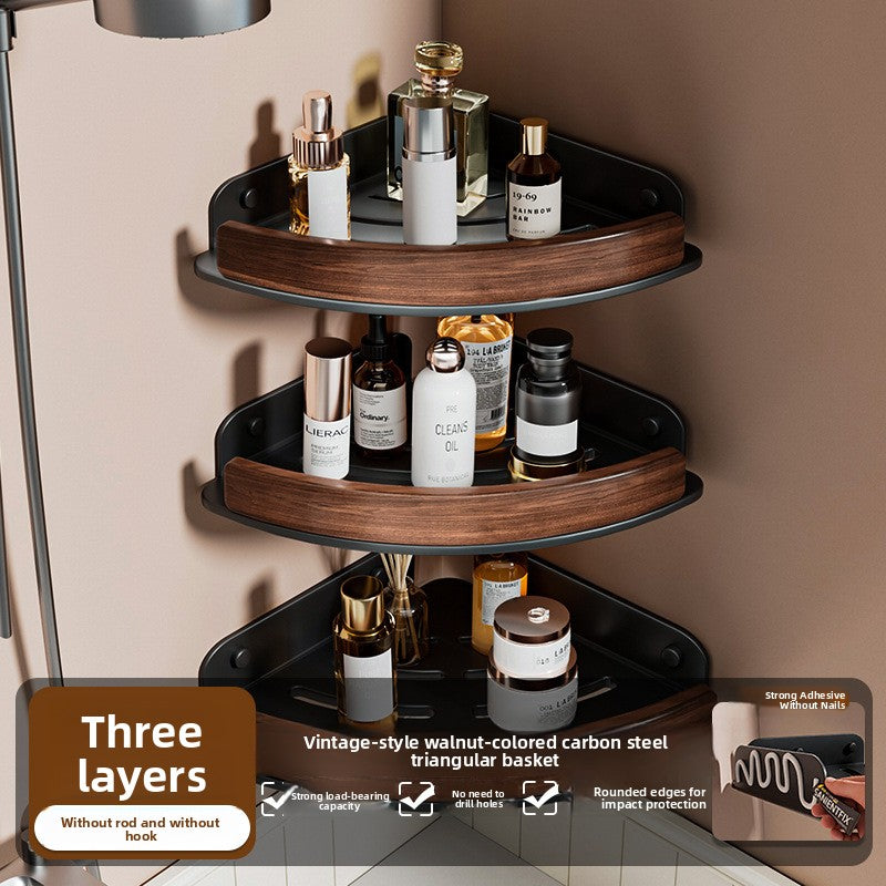Black Walnut Wood No Drilling Shelves for Bathroom Storage & Home Decor| Bathroom Corner Storage Rack Shower Organizer