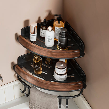 Black Walnut Wood No Drilling Shelves for Bathroom Storage & Home Decor| Bathroom Corner Storage Rack Shower Organizer