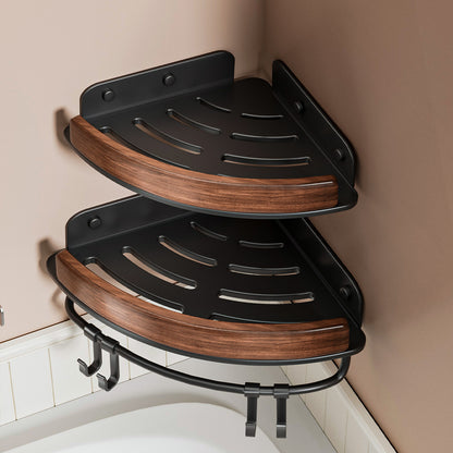 Black Walnut Wood No Drilling Shelves for Bathroom Storage & Home Decor| Bathroom Corner Storage Rack Shower Organizer