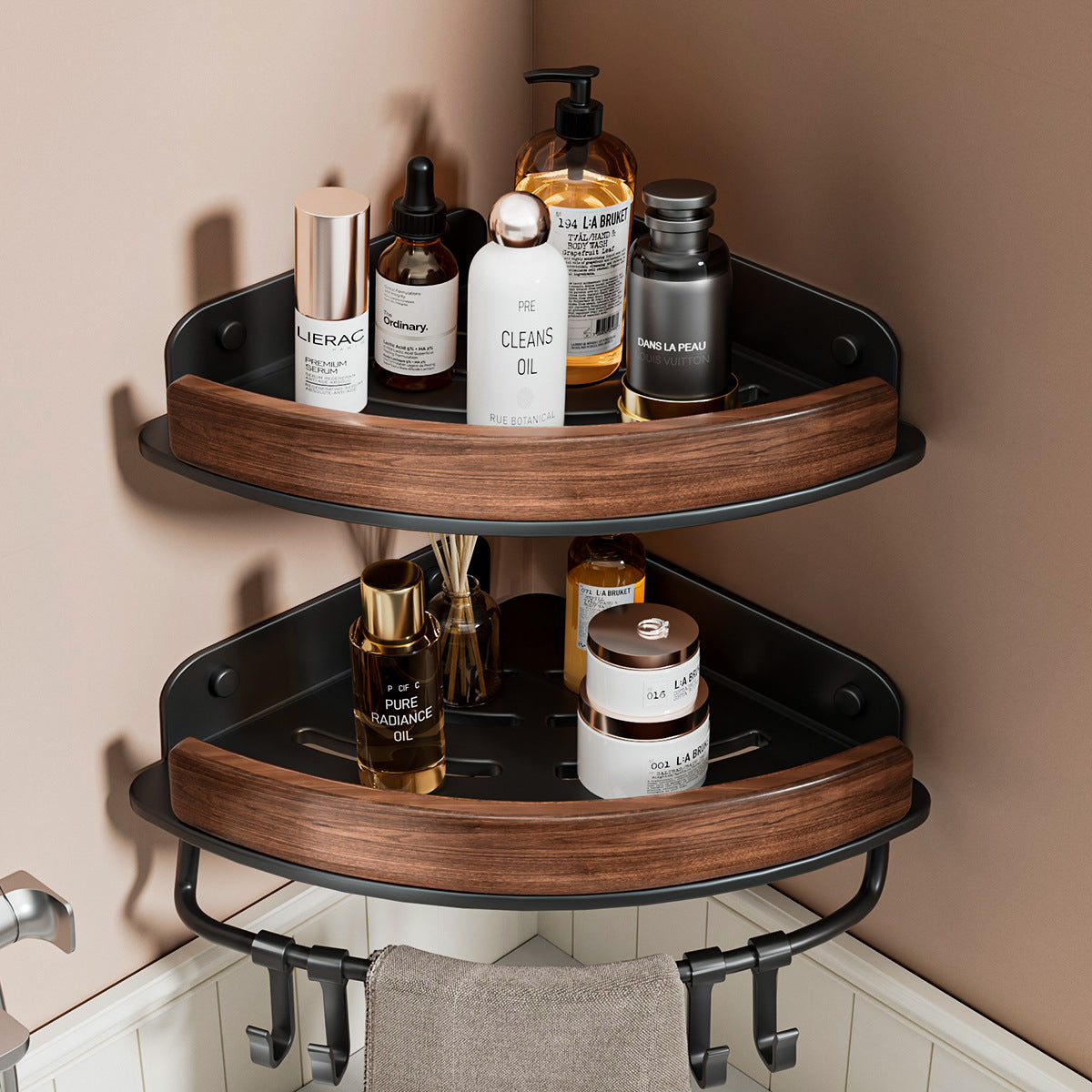 Black Walnut Wood No Drilling Shelves for Bathroom Storage & Home Decor| Bathroom Corner Storage Rack Shower Organizer