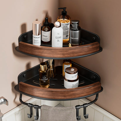 Black Walnut Wood No Drilling Shelves for Bathroom Storage & Home Decor| Bathroom Corner Storage Rack Shower Organizer