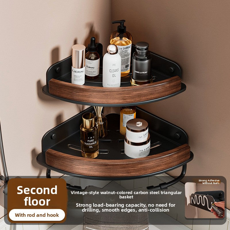 Black Walnut Wood No Drilling Shelves for Bathroom Storage & Home Decor| Bathroom Corner Storage Rack Shower Organizer