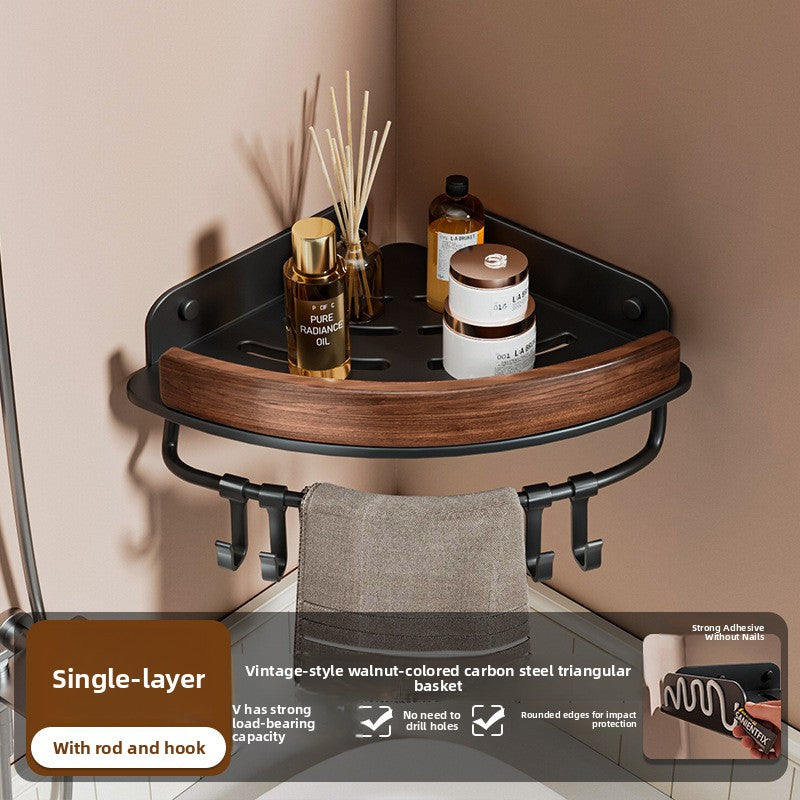 Black Walnut Wood No Drilling Shelves for Bathroom Storage & Home Decor| Bathroom Corner Storage Rack Shower Organizer
